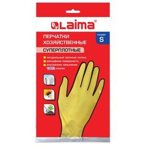 Перчатки МНОГОРАЗОВЫЕ латексные LAIMA "ПРЕМИУМ", хлопчатобумажное напыление, СВЕРХПЛОТНЫЕ, размер S (малый), желтые, вес 55 г, 600570