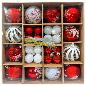 Шары ёлочные НАБОР 44 шт., 6 см/3 см,"Red&White", красные/белые, пластик, ЗОЛОТАЯ СКАЗКА, 592166