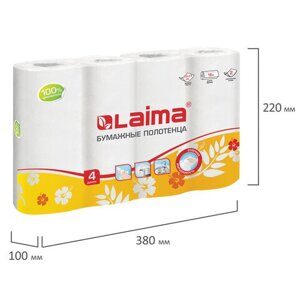 Полотенца бумажные бытовые, спайка 4 шт., 2-х слойные, (4х18 м), LAIMA, 22х23 см, белые, 128725