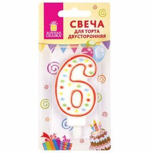 Свеча-цифра для торта "6" ДВУСТОРОННЯЯ с конфетти, 8,5 см, ЗОЛОТАЯ СКАЗКА, держатель, блистер, 591399