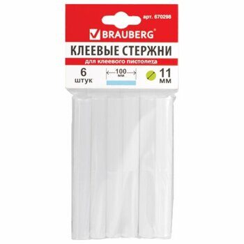 Клеевые стержни, диаметр 11 мм, длина 100 мм, белые, комплект 6 штук, BRAUBERG, европодвес, 670298