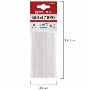 Клеевые стержни, диаметр 7 мм, длина 100 мм, белые, комплект 6 штук, BRAUBERG, европодвес, 670297