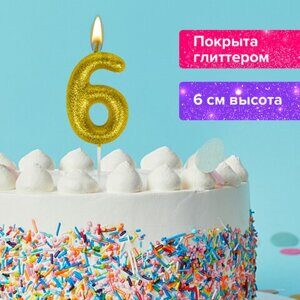 Свеча-цифра для торта "6" золотая с глиттером, 6 см, ЗОЛОТАЯ СКАЗКА, на шпажке, в блистере, 591419